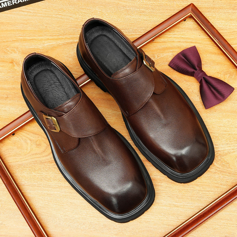 Men's Smooth Square Toe Single Monk Strap Leather Shoes
