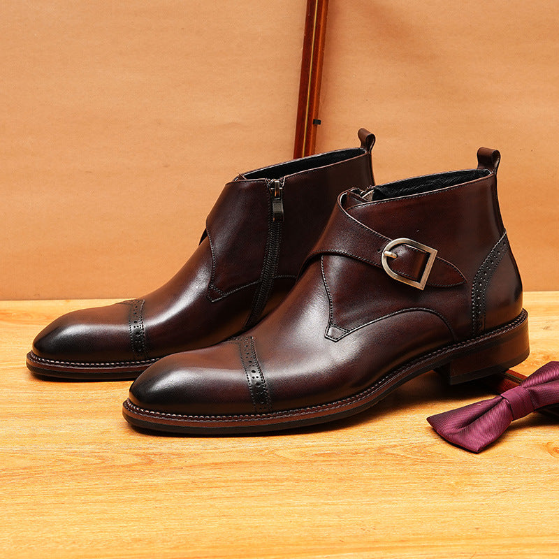 Men's Cap Toe Buckle Leather Side-Zip Dress Boots