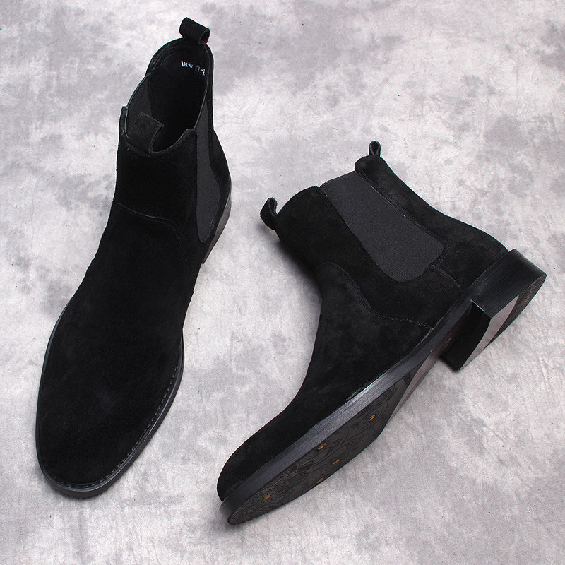 Black suede men's Chelsea dress boots, slip-on with elastic side gore and pull tab