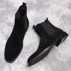 Black suede men's Chelsea dress boots, slip-on with elastic side gore and pull tab