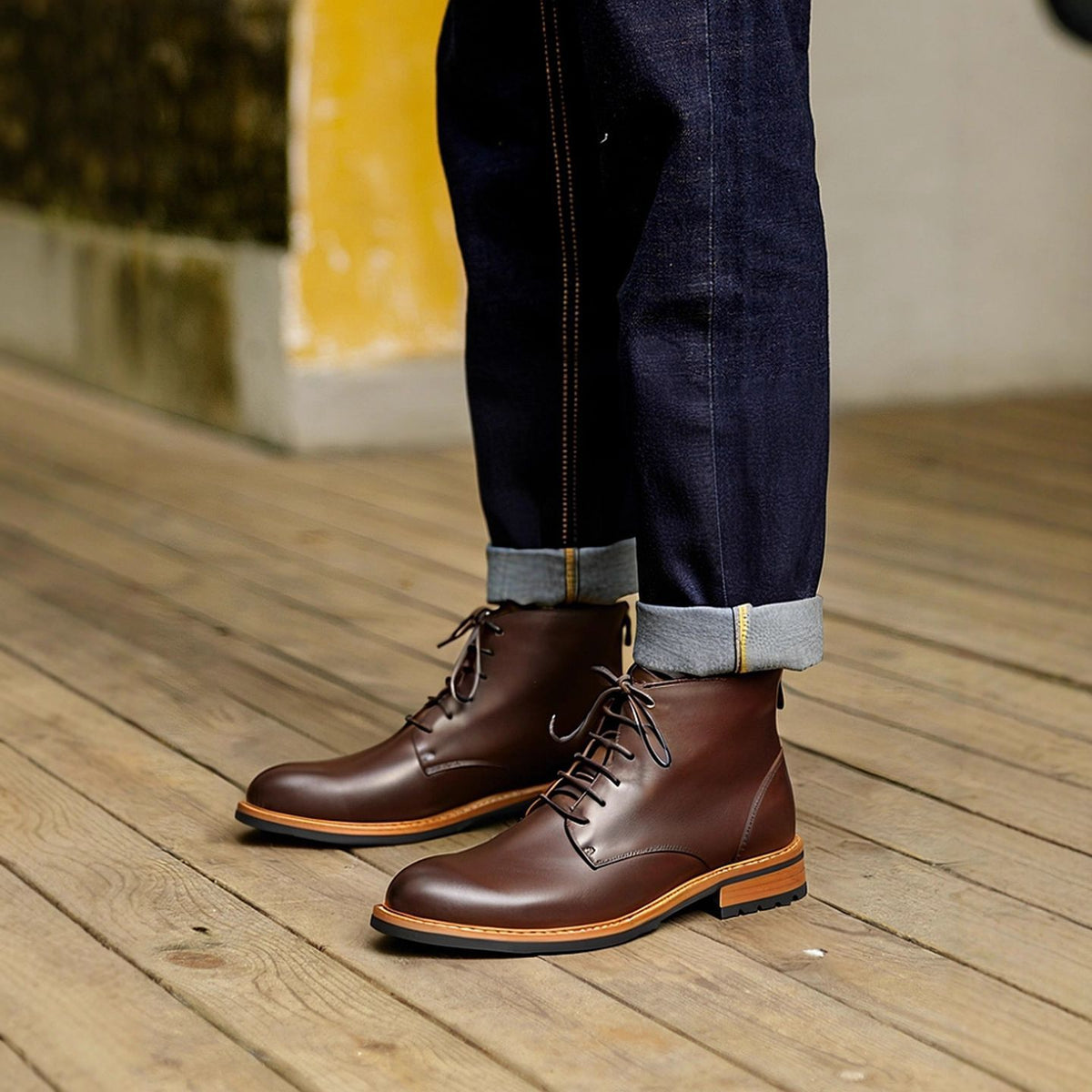 Brown leather pointed-cap toe lace-up side-zip boots worn with dark jeans cuffs