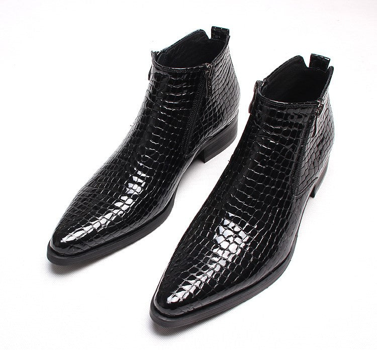 Men's leather side-zip dress boots, black crocodile texture, thick sole, pointed toe