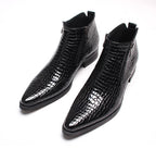 Men's leather side-zip dress boots, black crocodile texture, thick sole, pointed toe