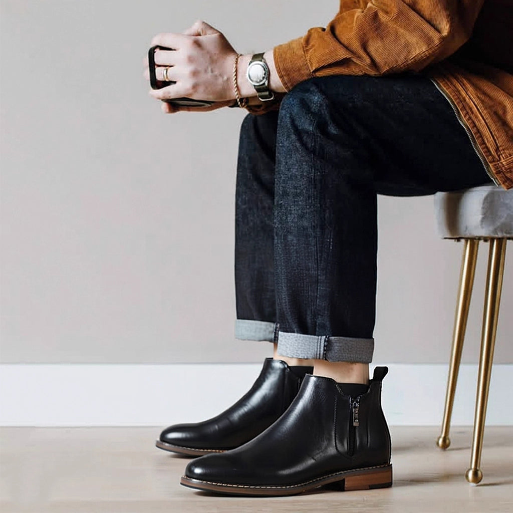 Men's pointed cap-toe leather side-zip dress boots, black, shown being worn