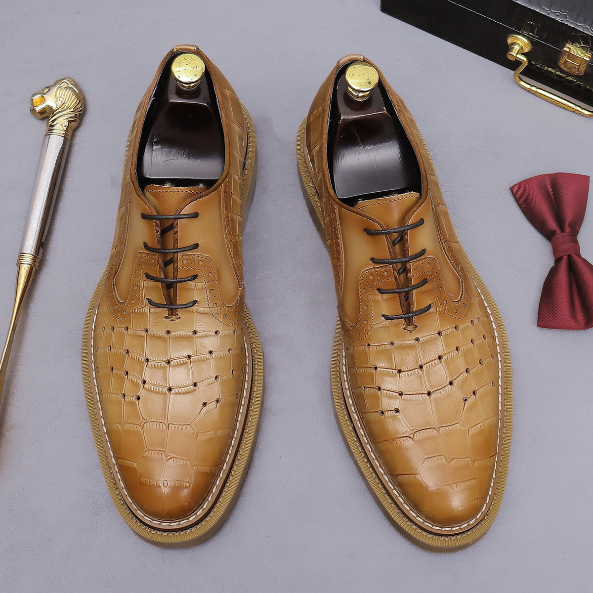 Men's Croc Embossed Leather Chunky Lug Sole Perforated Oxfords
