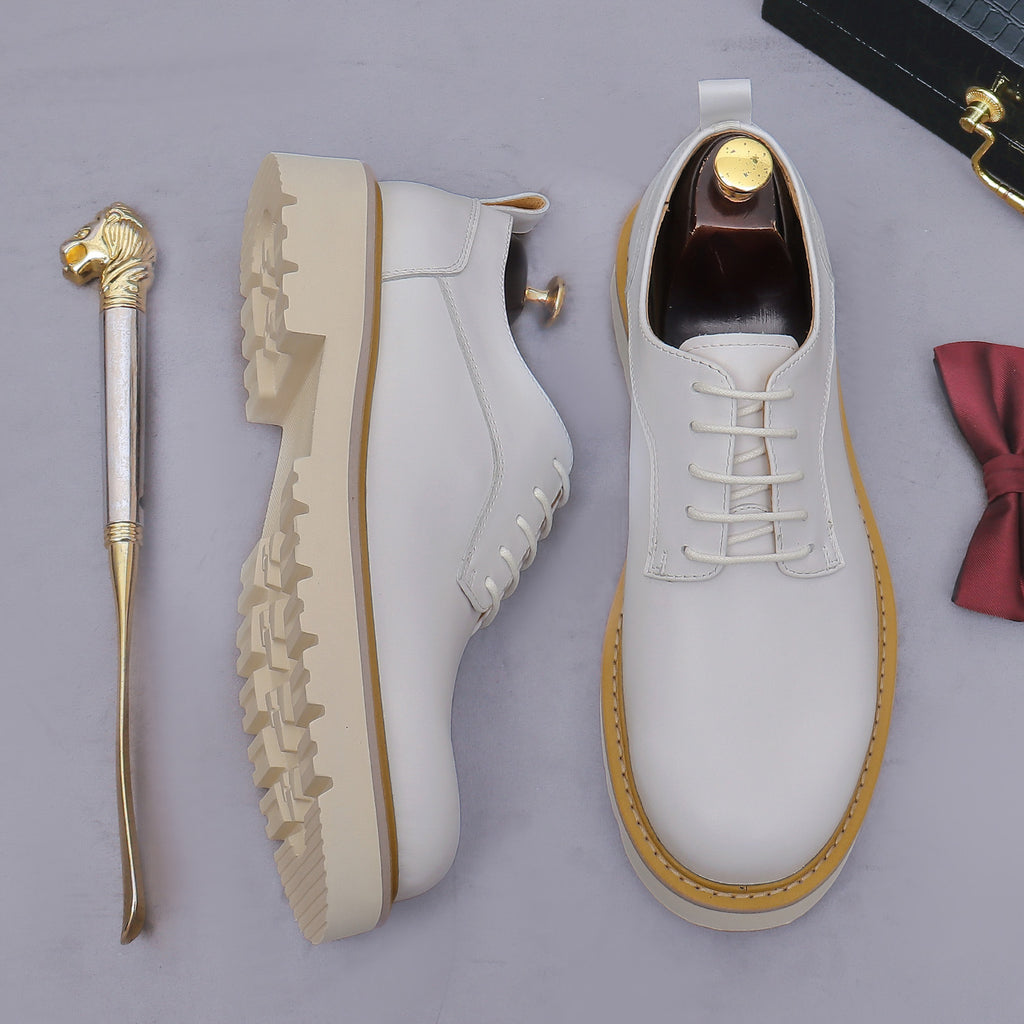 Men's pointed-toe leather derby dress shoes, white, lace-up side profile with chunky sole