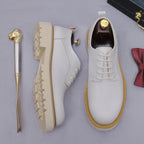 Men's pointed-toe leather derby dress shoes, white, lace-up side profile with chunky sole
