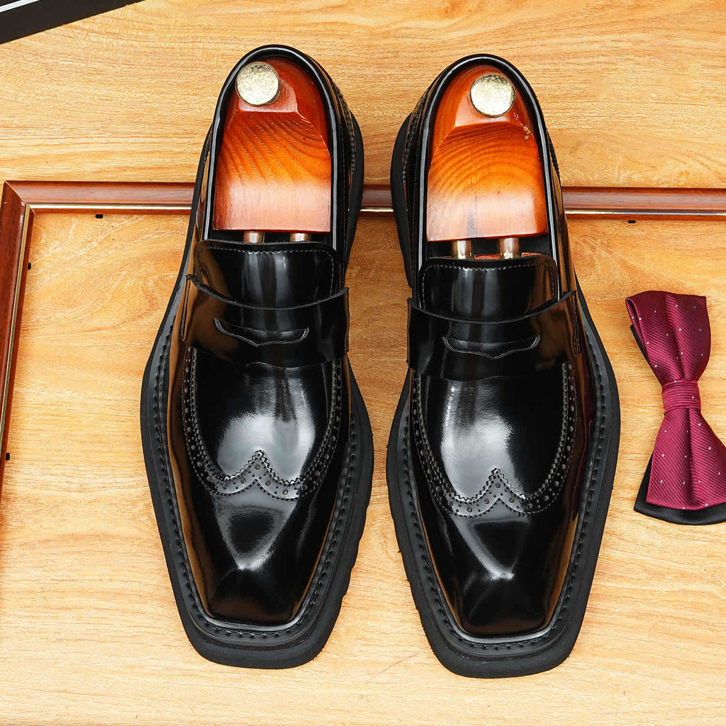Men's Platform Brogue Leather Slip-On Dress Loafers