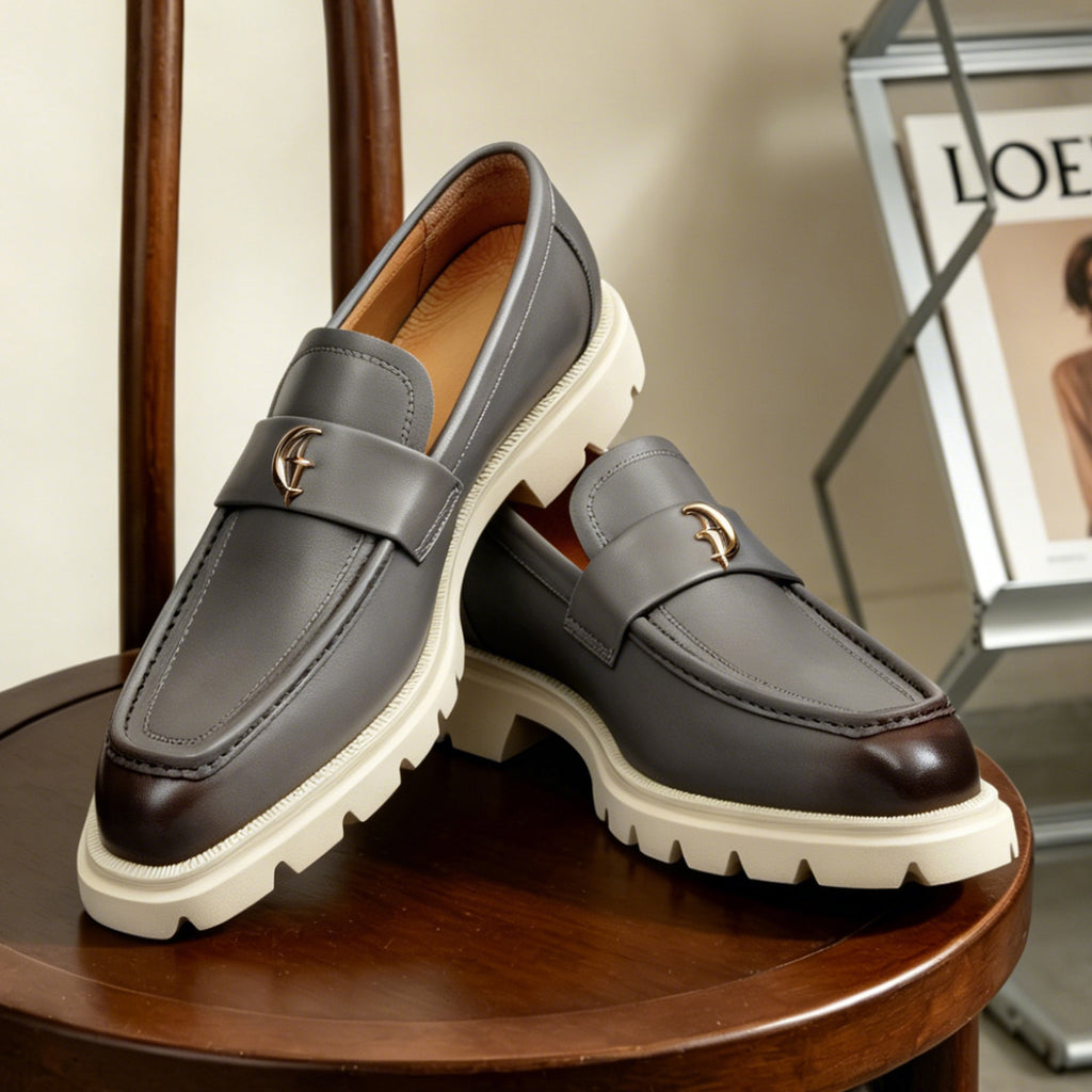 Men's Burnished-Style Thick Sole Leather Casual Loafers