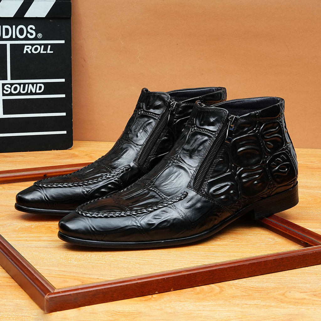 Men's Pointed Toe Croc Embossed Double-Zip Dress Boots