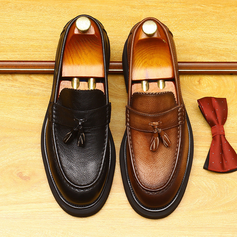 Men's Round Toe Tassel Platform Leather Dress Loafers