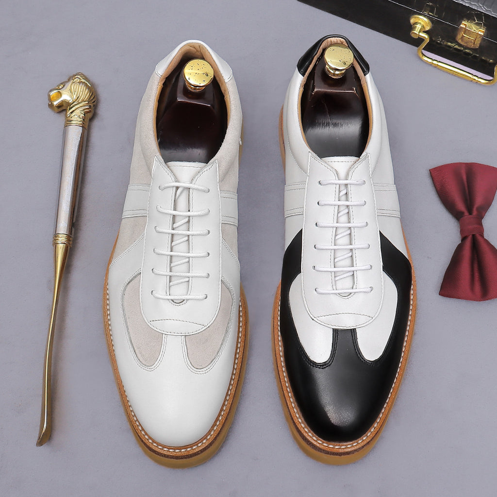 Men's white suede and leather lace-up sneakers with tan gum lug sole
