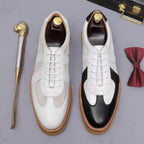 Men's white suede and leather lace-up sneakers with tan gum lug sole