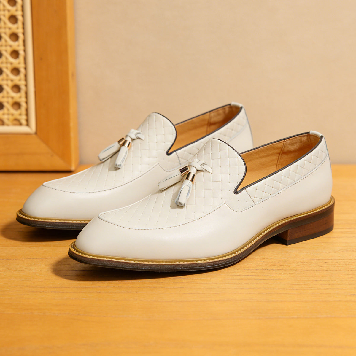 Men's Woven-Pattern Leather Tassel Wedding Dress Loafers