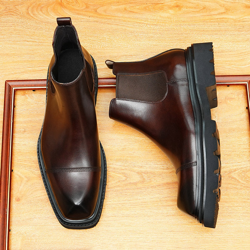 Men's Thick Sole Cap Toe Leather Chelsea Boots - Slip-On