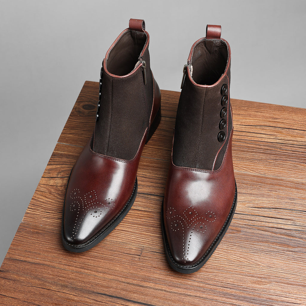 Dark brown leather ankle boots with side zip and thick sole, toe and heel details