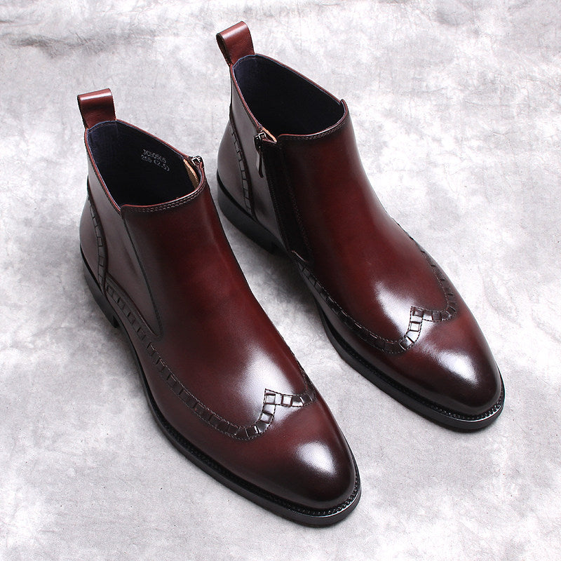 Pair of dark brown leather side-zip formal ankle boots with thick sole and stitched trim