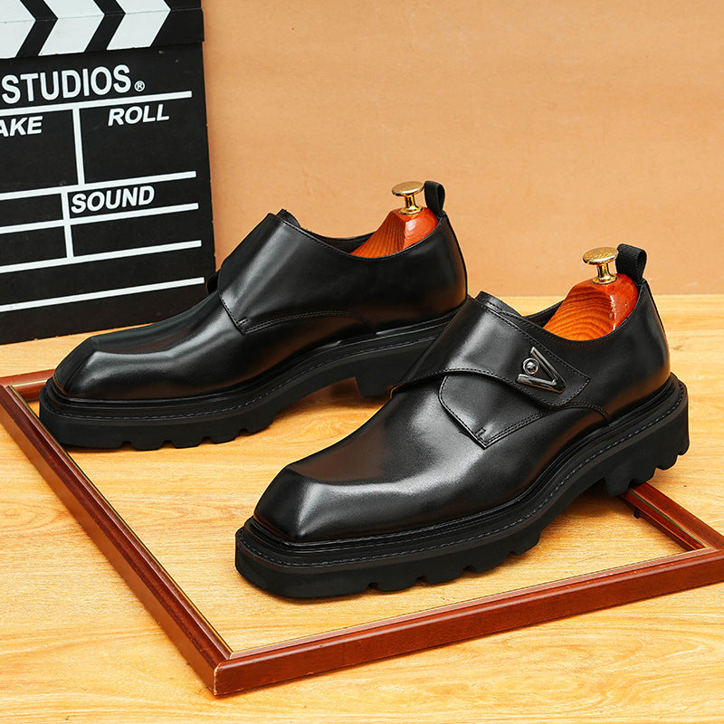 Men's Black Dark Brown Square Toe Single Monk Leather Shoes