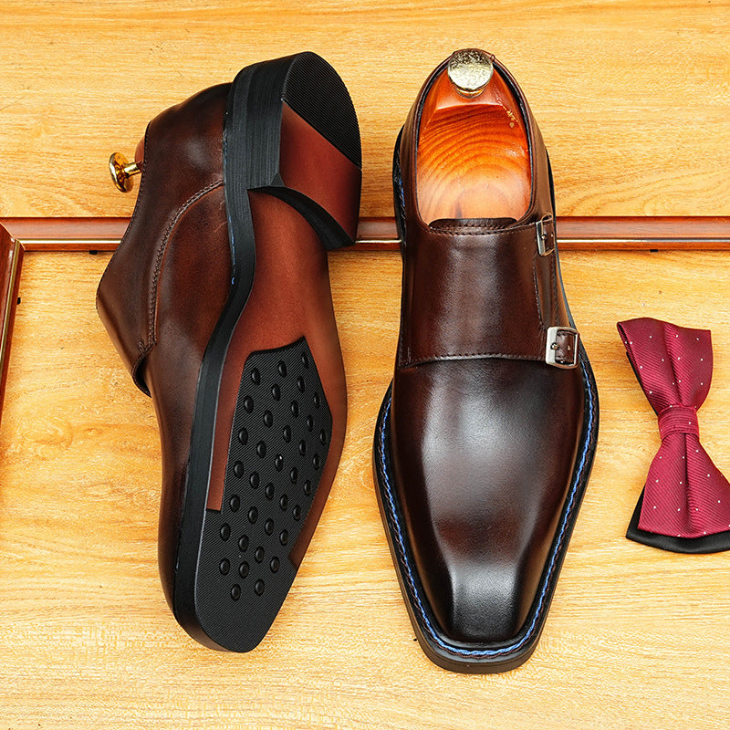 Men's Streamlined Pointed Toe Double Monk Strap Leather Shoes