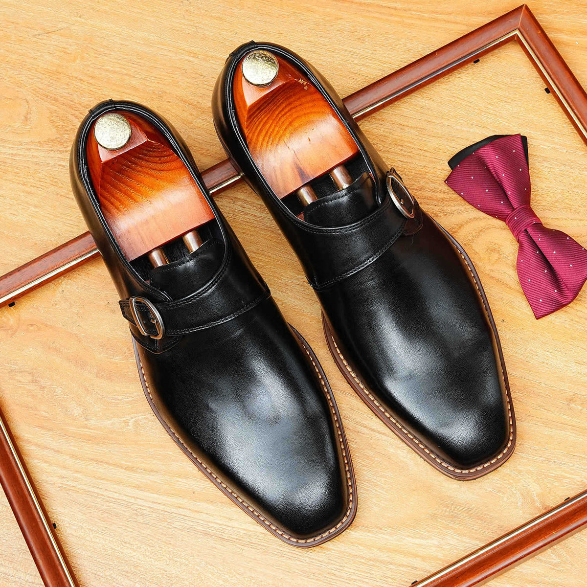 Men's Black Brown Pointed Toe Single Monk Strap Leather Shoes