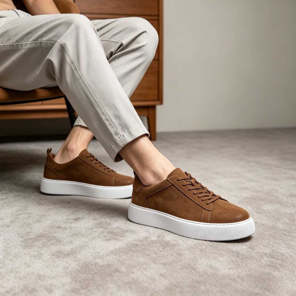 Men's genuine leather sneakers, brown lace-up shoes with white midsoles