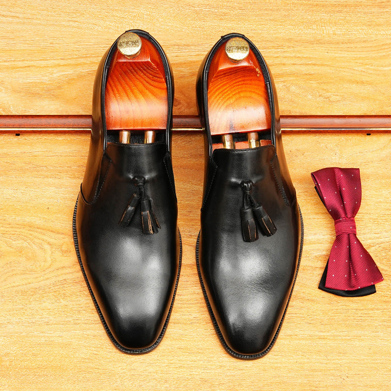 Men's Burnished Pointed Toe Tassel Leather Loafers