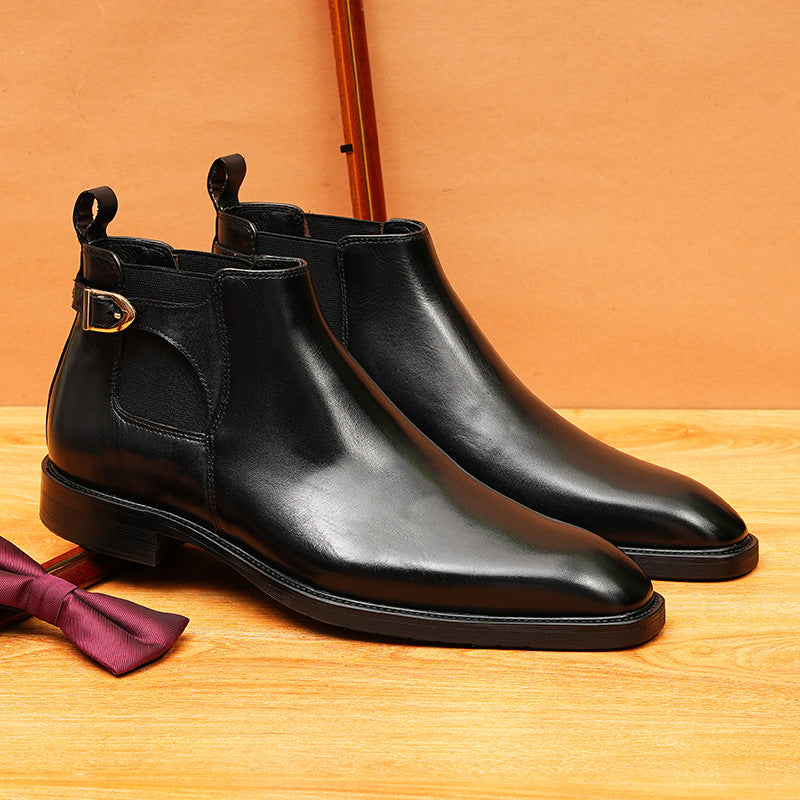 Men's Pointed Toe Buckle Leather Slip-On Chelsea Boots