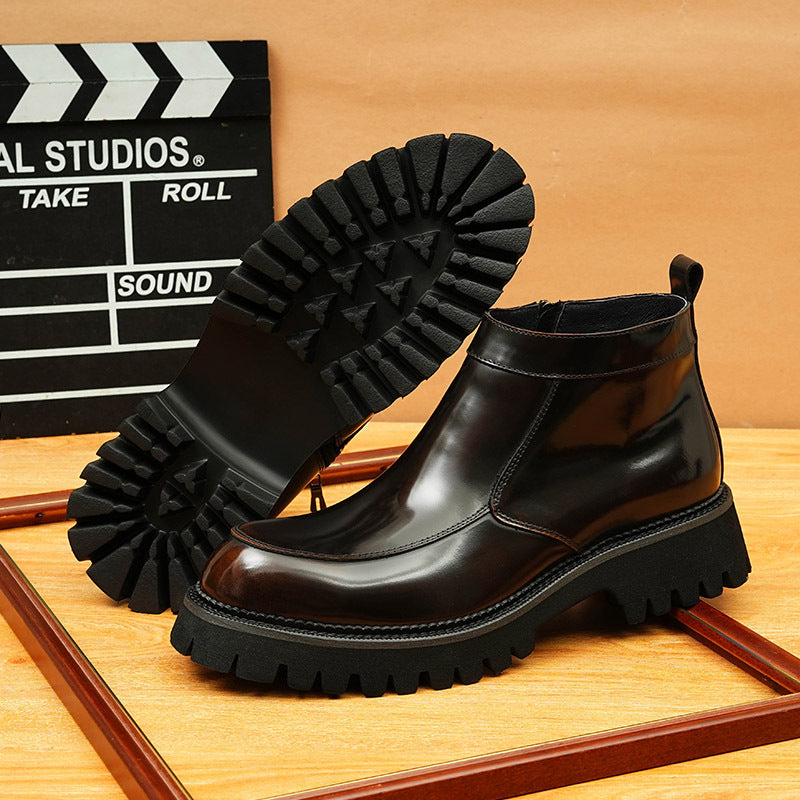 Men's Round Toe Platform Leather Side-Zip Dress Boots