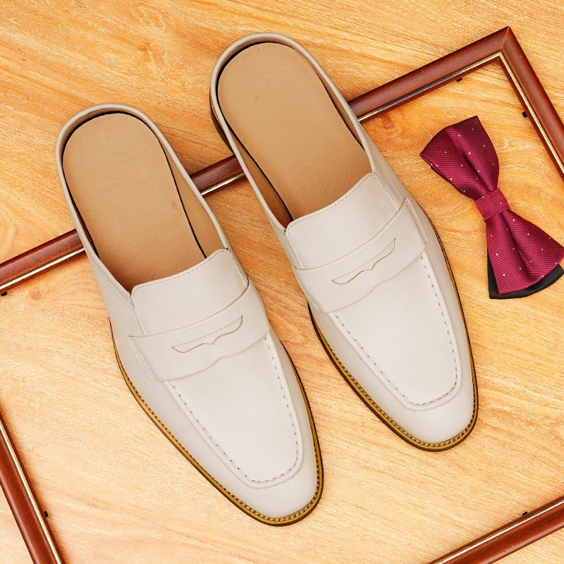 Men's Beige Pointed Toe Leather Mule Loafers