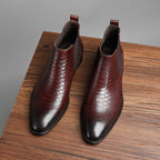 Men's genuine leather Chelsea dress boots, brown with side elastic gore and low block heel