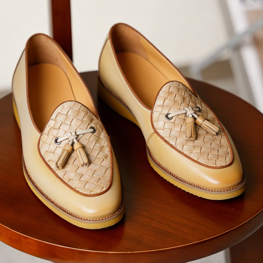 Men's Woven-Pattern Leather Tassel Dress Loafers