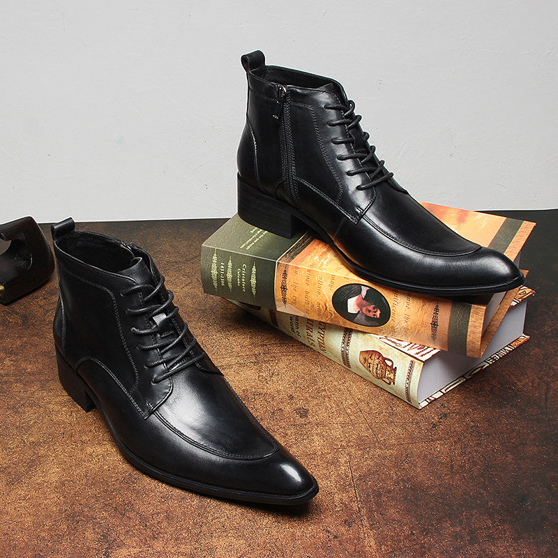 Black leather lace-up side-zip dress boots with chunky sole and rounded toe, angled view