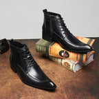 Black leather lace-up side-zip dress boots with chunky sole and rounded toe, angled view