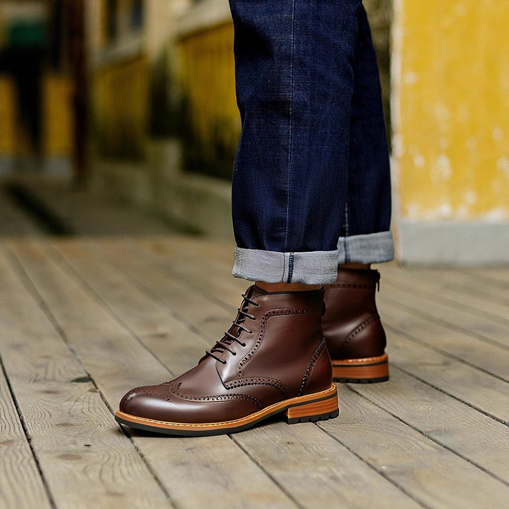 Men's Leather Wingtip Brogue Back-Zip Ankle Dress Boots