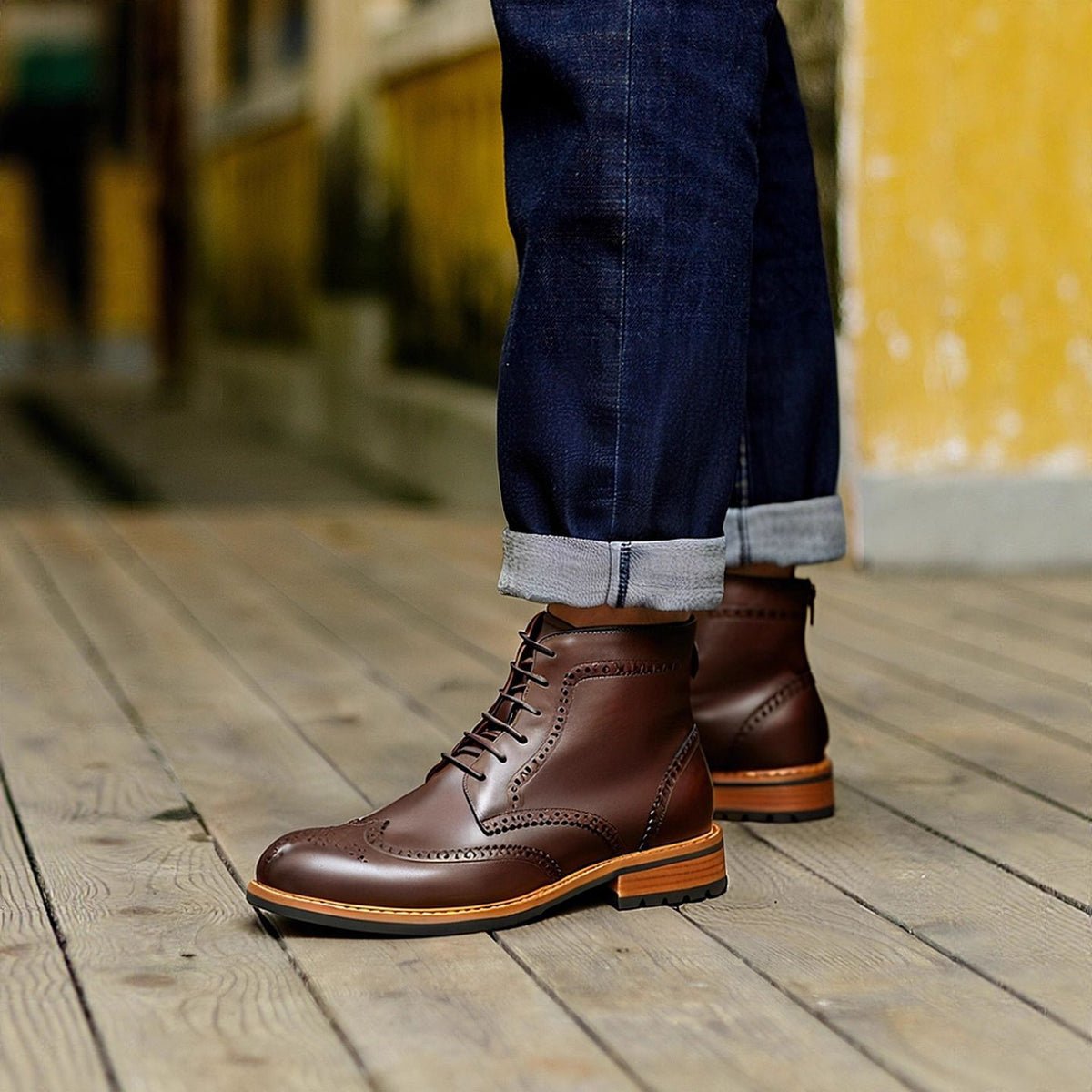 Men's Leather Wingtip Brogue Back-Zip Ankle Dress Boots