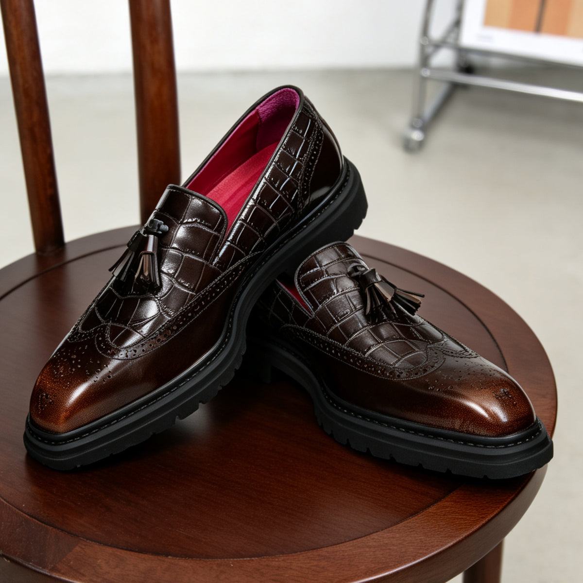Men's Crocodile Embossed Tassel Brogue Dress Loafers