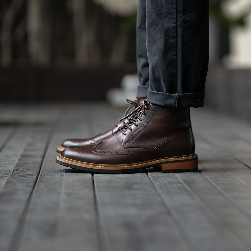 Wingtip Brogue Leather Back-Zip Lace-Up Boots for Men