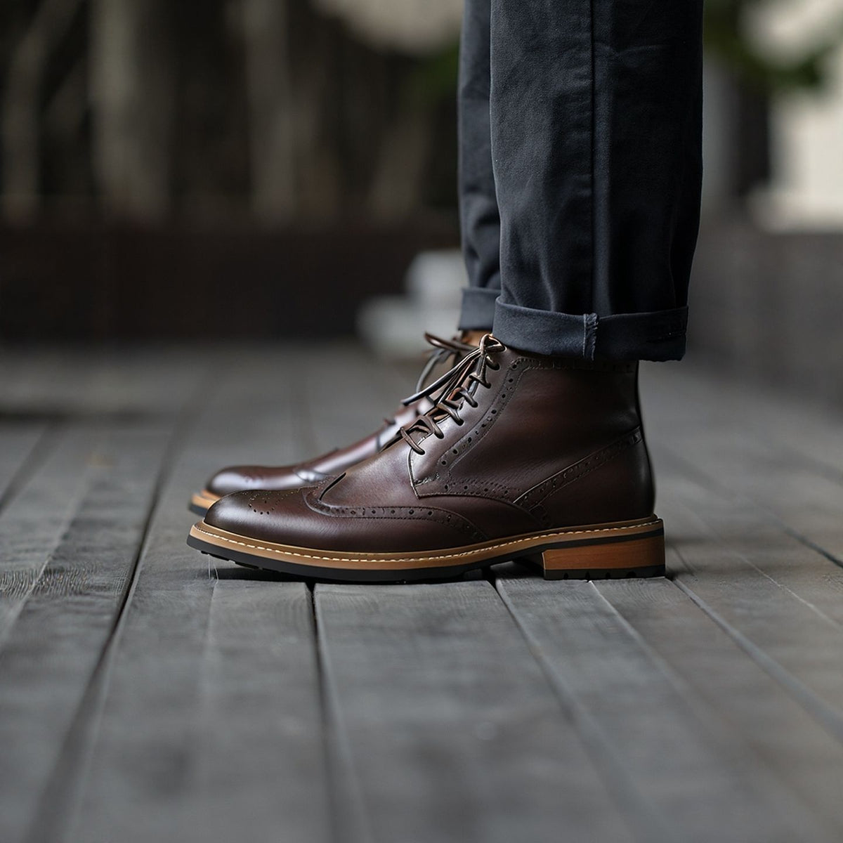 Wingtip Brogue Leather Back-Zip Lace-Up Boots for Men
