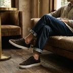 Men's dark brown genuine leather sneakers with white rubber sole and lace-up front