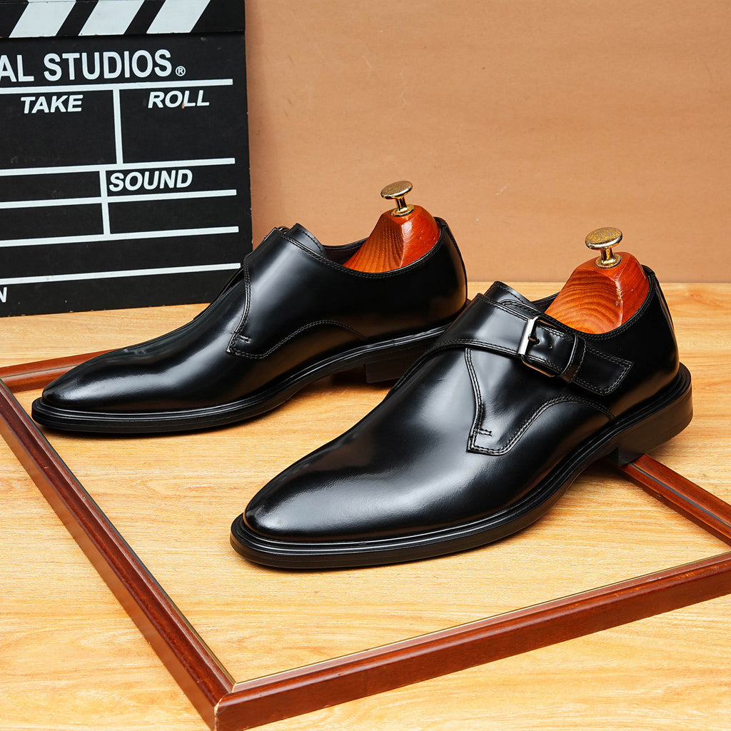 Men's Sleek Pointed Toe Single Monk Strap Leather Shoes