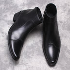 Black leather formal side-zip dress boots with open collar and thick sole