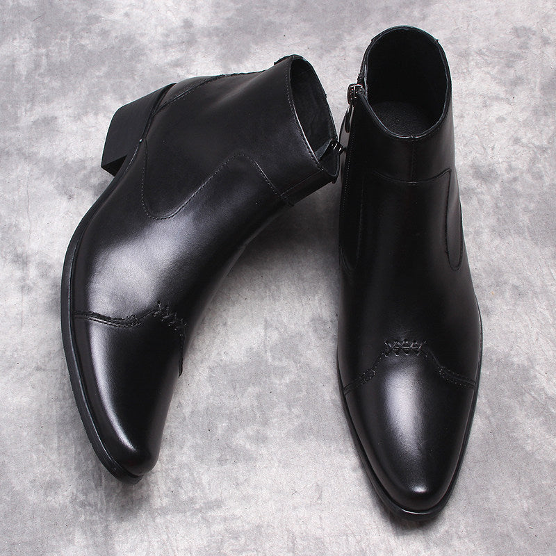 Black leather formal side-zip dress boots with open collar and thick sole