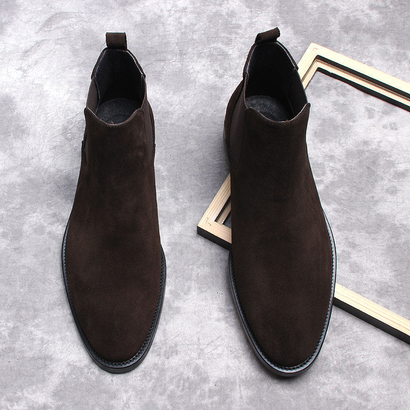 Men's dark brown Chelsea dress boots pair, slip-on with elastic gore