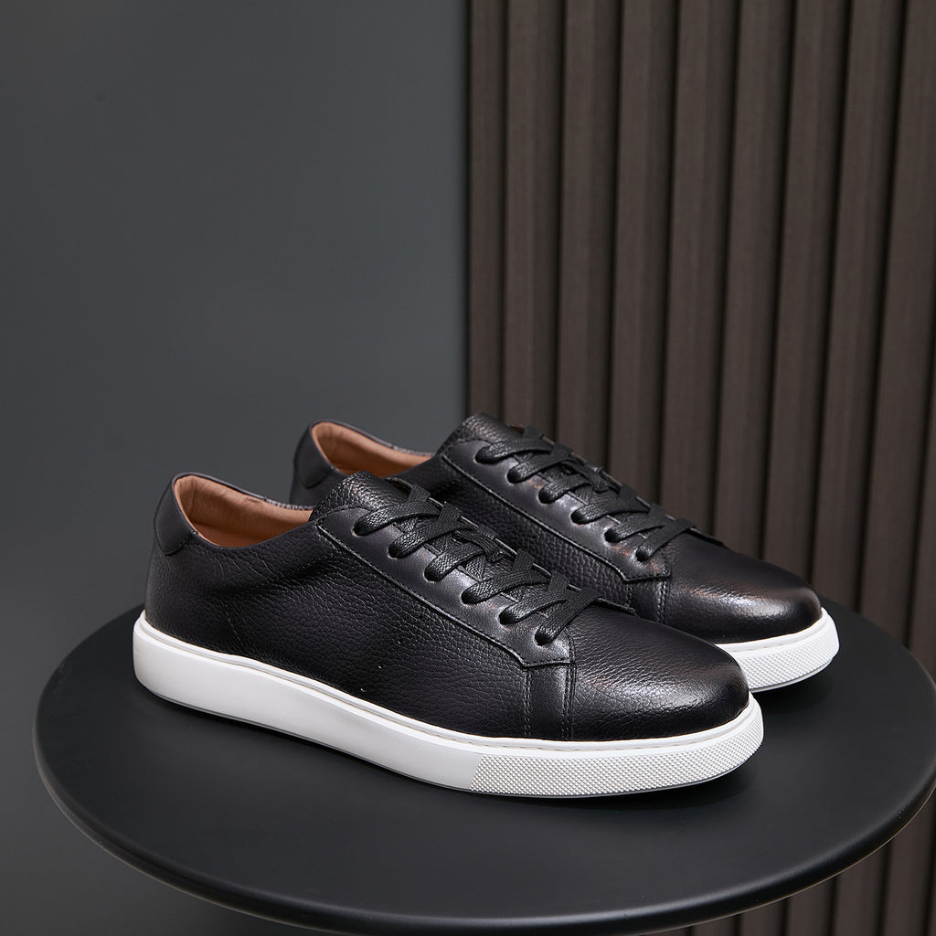 Men's genuine leather sneakers, black low-top lace-up with white rubber sole