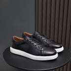 Men's genuine leather sneakers, black low-top lace-up with white rubber sole