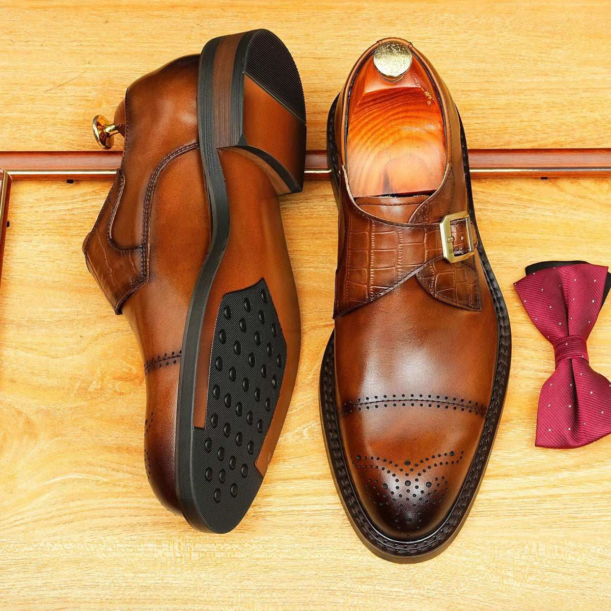 Men's Black Brown Pointed Cap Toe Single Monk Leather Shoes