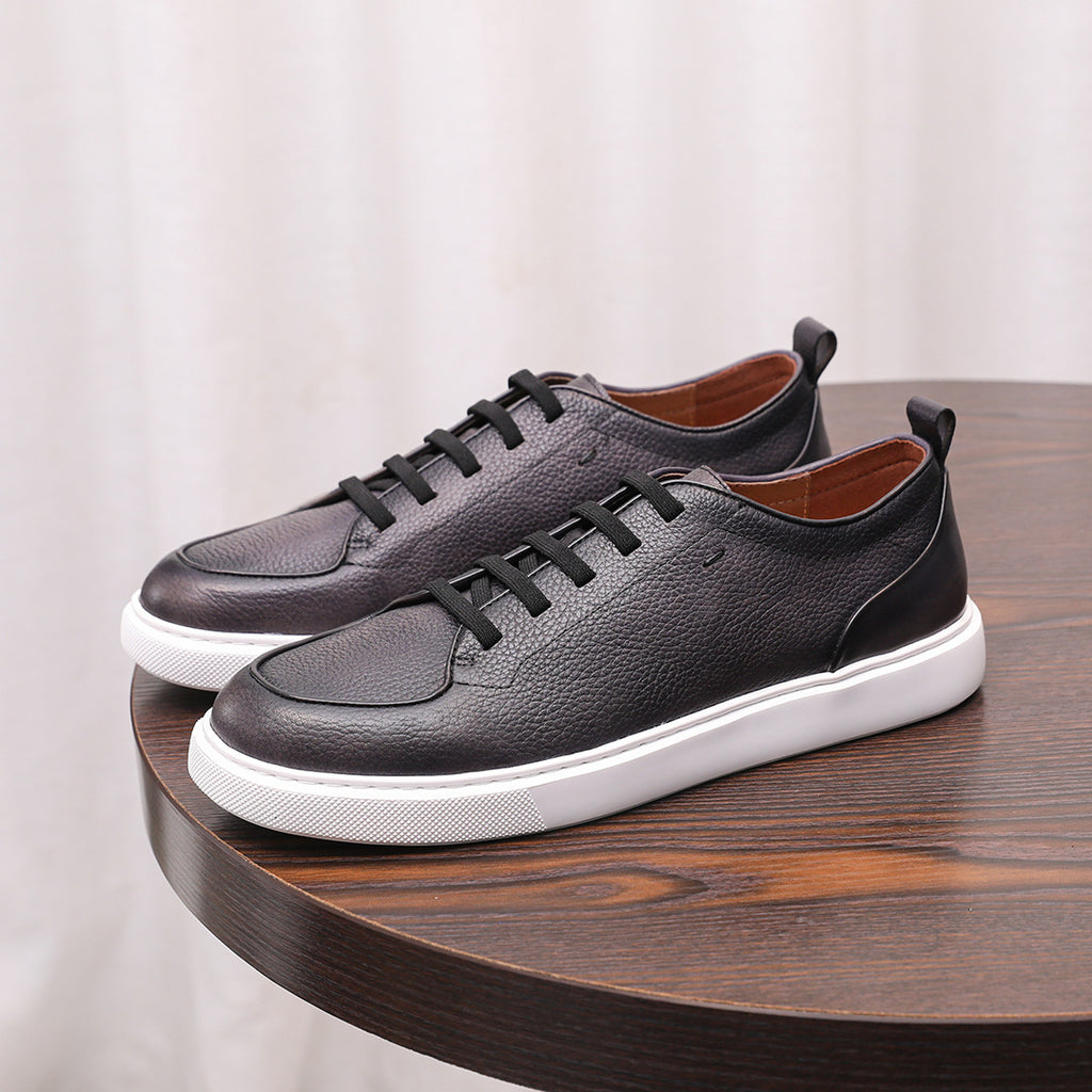 Men's genuine leather sneakers, dark gray low-top lace-up with white rubber sole