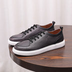 Men's genuine leather sneakers, dark gray low-top lace-up with white rubber sole