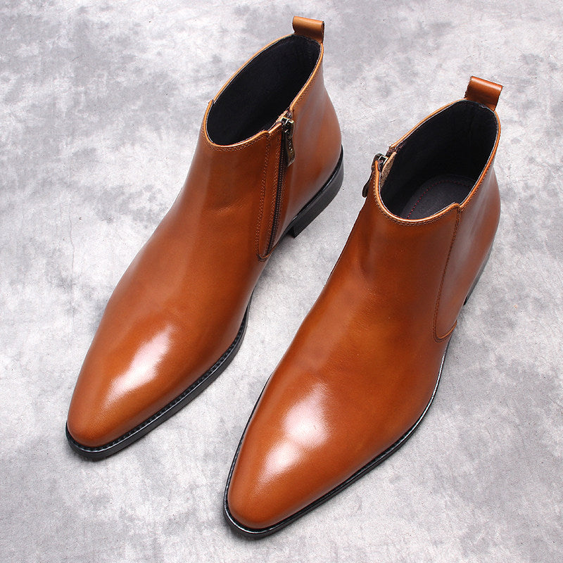 Men's brown leather ankle boots with side zip and thick sole, pair view