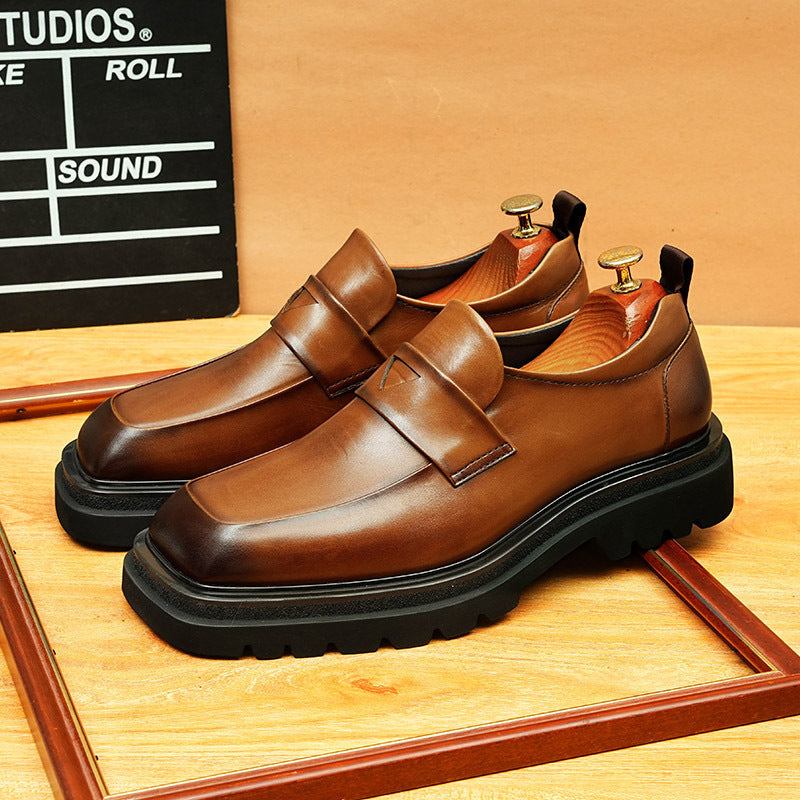 Men's Square Toe Chunky Sole Leather Loafers